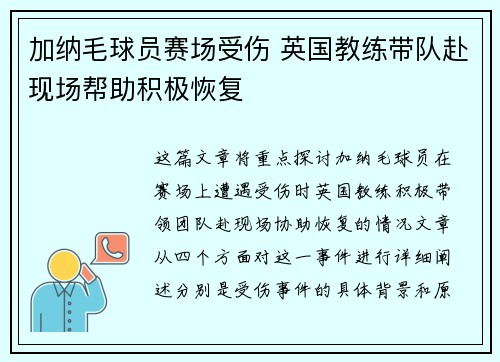 加纳毛球员赛场受伤 英国教练带队赴现场帮助积极恢复