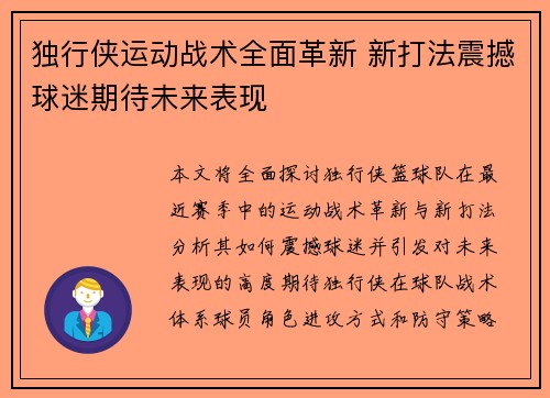 独行侠运动战术全面革新 新打法震撼球迷期待未来表现