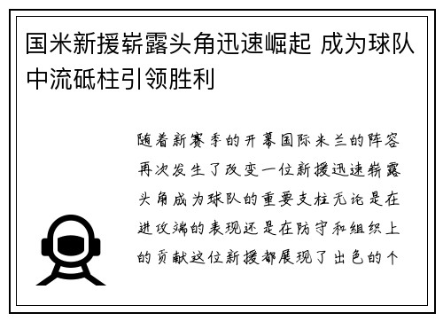 国米新援崭露头角迅速崛起 成为球队中流砥柱引领胜利