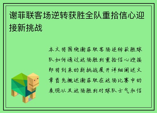 谢菲联客场逆转获胜全队重拾信心迎接新挑战