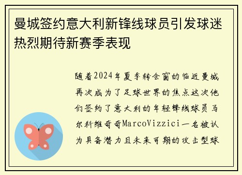 曼城签约意大利新锋线球员引发球迷热烈期待新赛季表现